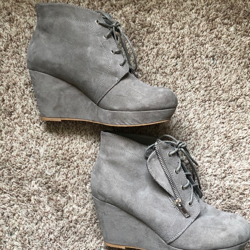 Grey Faux-Suede Wedge Booties